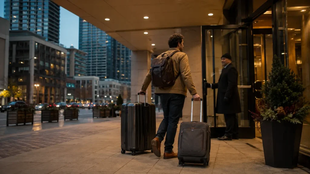 Traveller with suitcases arriving at a downtown Toronto hotel entrance in the evening