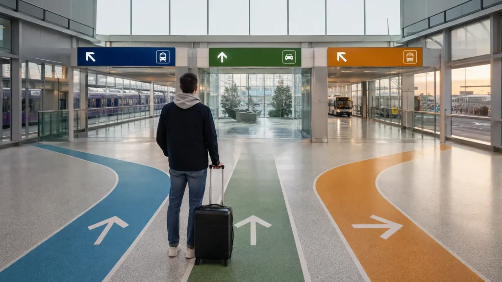 Traveller with a suitcase pausing at a ground transportation junction inside Toronto Pearson Airport