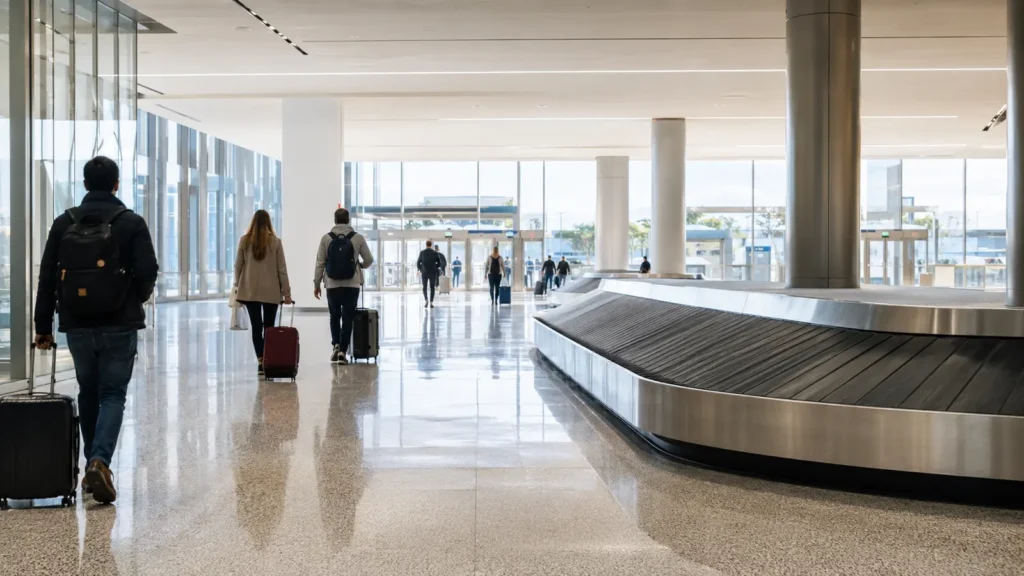 Travellers with luggage walking through a baggage claim hall toward the exit at Toronto Pearson Airport