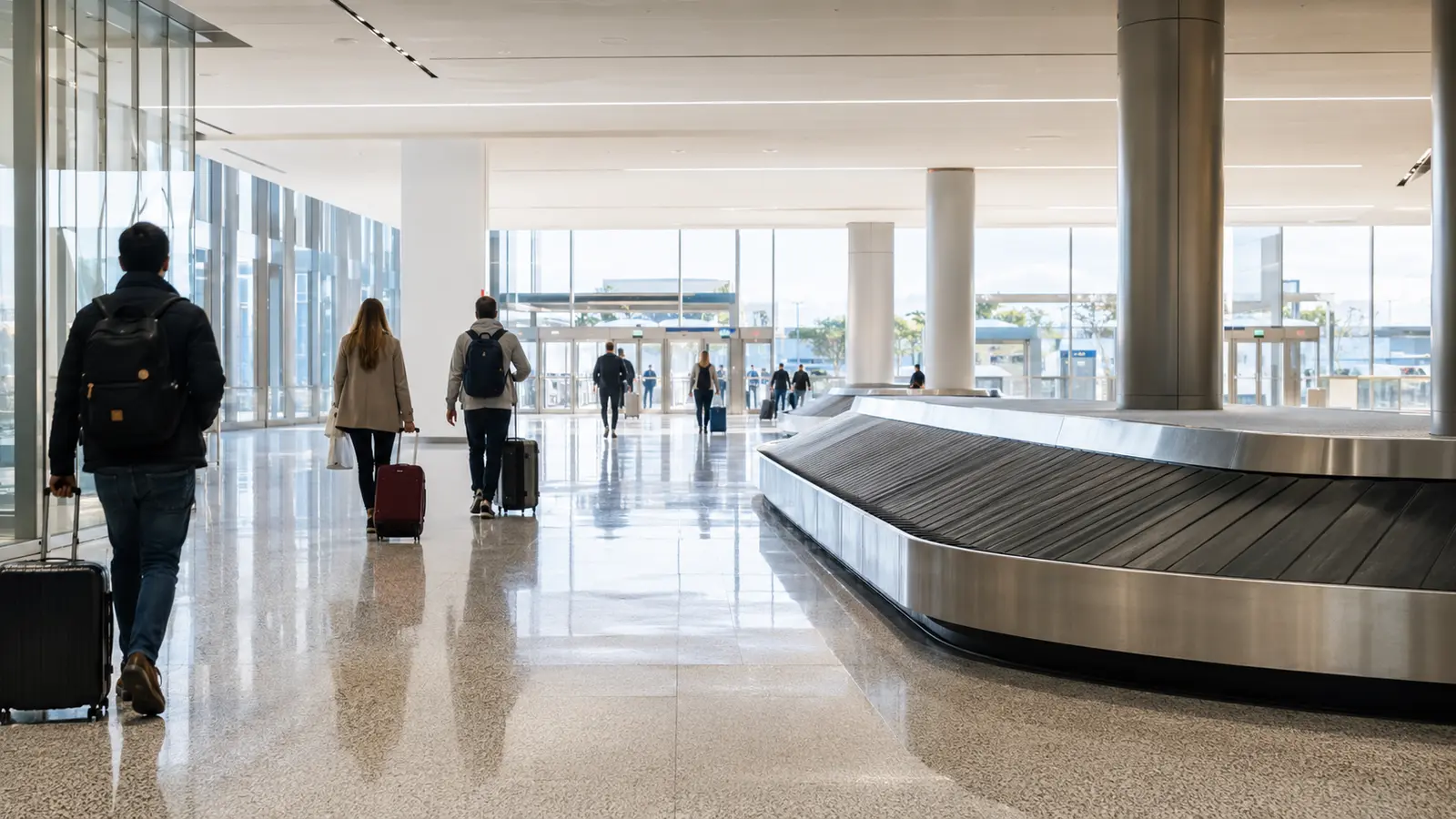 Travellers with luggage walking through a baggage claim hall toward the exit at Toronto Pearson Airport