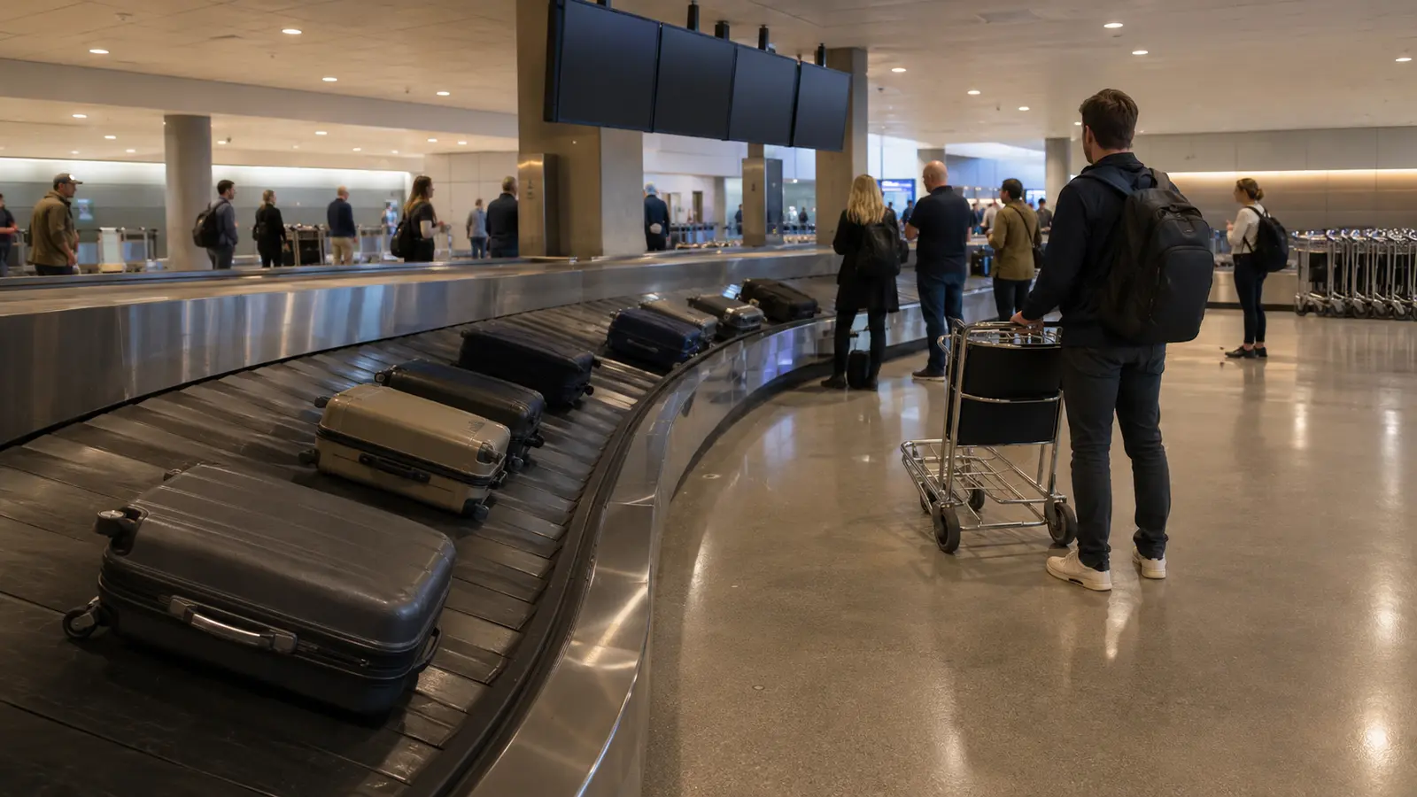 Suitcases circling a baggage carousel while travellers wait beside free luggage carts