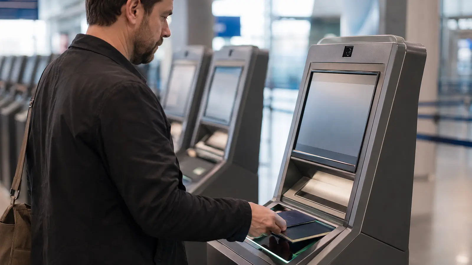 Traveller scanning a passport at a self-service border kiosk with a small camera and touchscreen