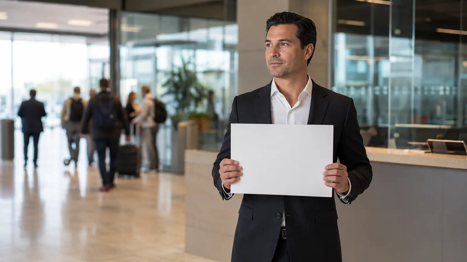 Suited chauffeur holding a blank name board while standing near an interior service desk in an arrivals hall