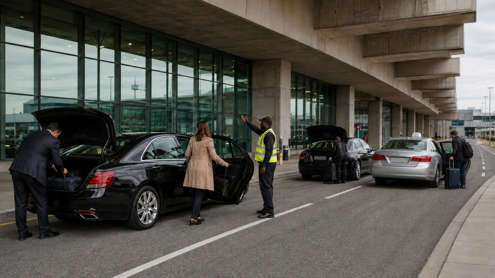 Vehicles loading passengers and luggage along a covered arrivals curb outside a terminal on an overcast day
