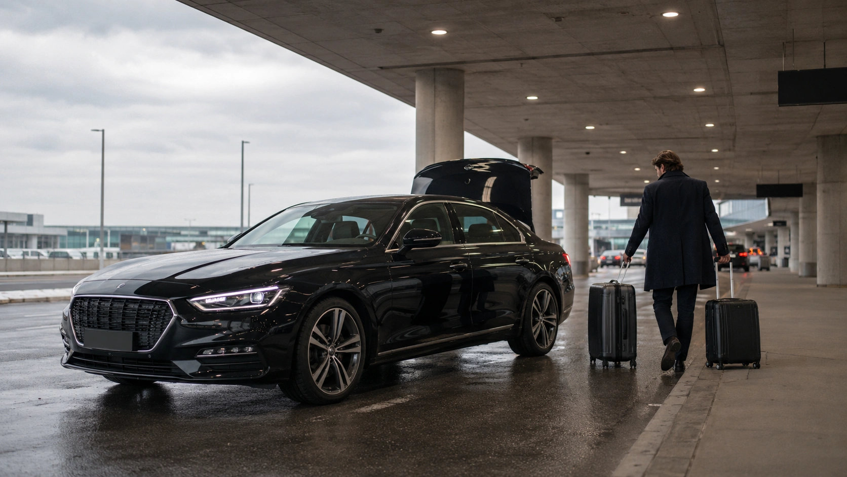 Black sedan waiting at a covered arrivals curb outside a Toronto Pearson terminal on an overcast afternoon