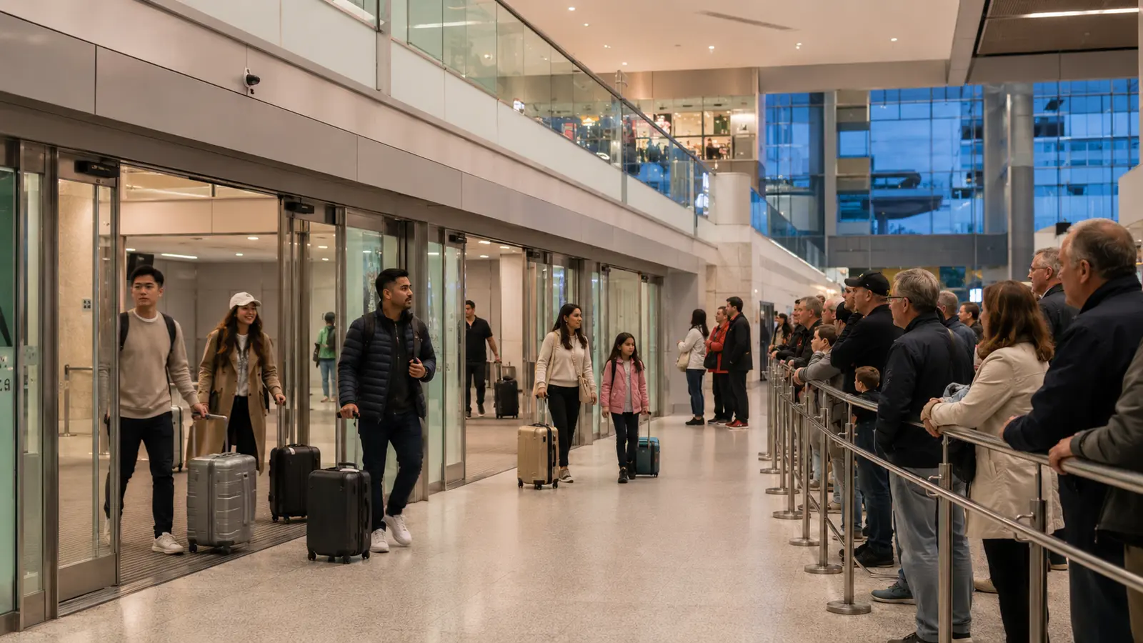 People waiting behind a barrier as arriving passengers emerge from sliding doors into a public airport meeting area