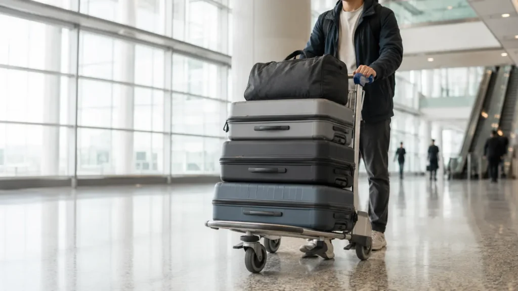 Traveller pushing a loaded baggage cart through an arrivals hall at Pearson Airport with luggage stacked three bags high
