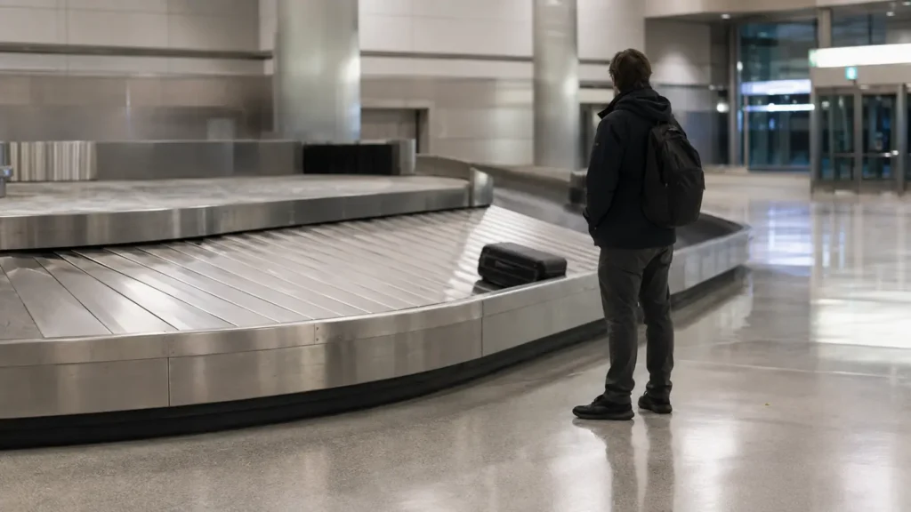 Lone traveller standing beside a nearly empty baggage carousel in an arrivals hall, the situation faced with lost luggage at Pearson Airport