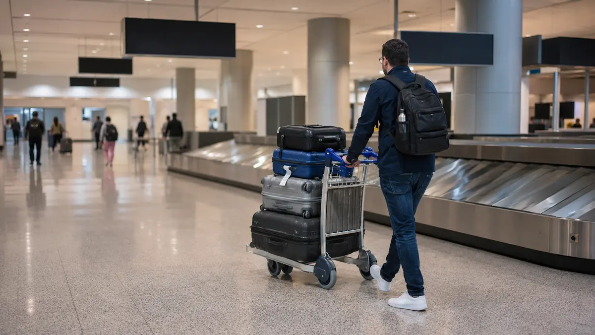 Traveller pushing a luggage cart past a baggage carousel