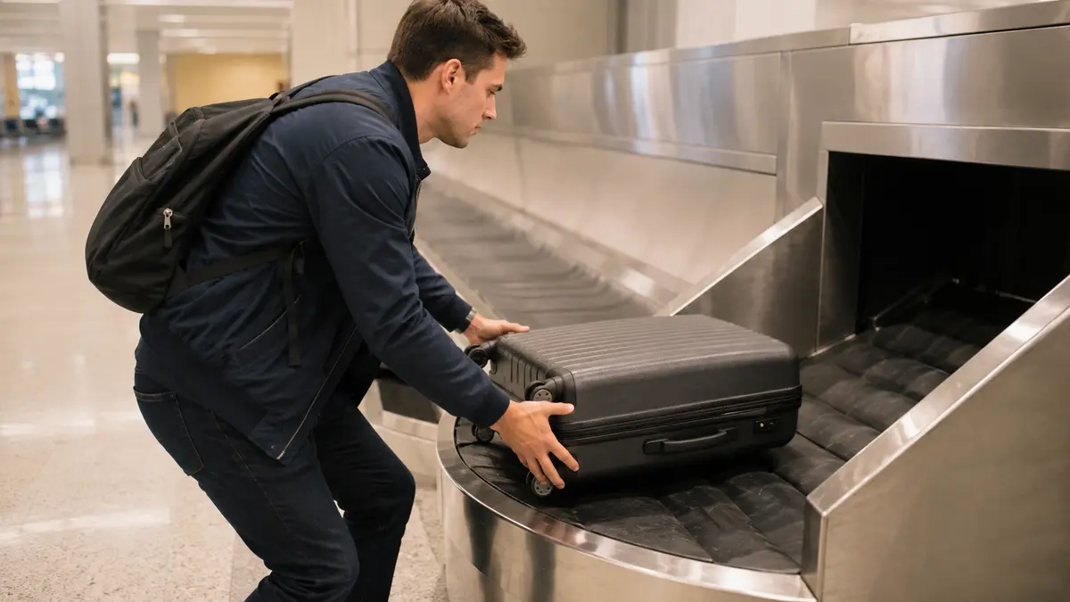 Traveller lifting a hard-shell suitcase onto a stainless steel connection baggage drop-off belt