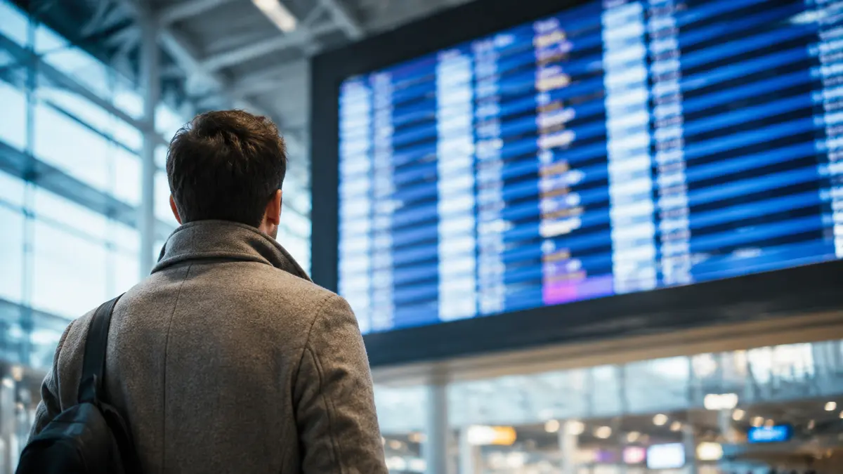 Traveller in a wool coat checking a large airport information display screen in a terminal
