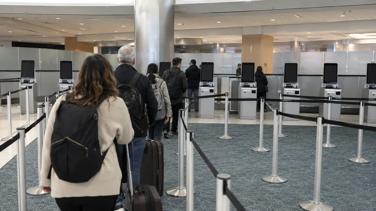 Passengers queuing at self-service primary inspection kiosks in a Canadian airport immigration hall