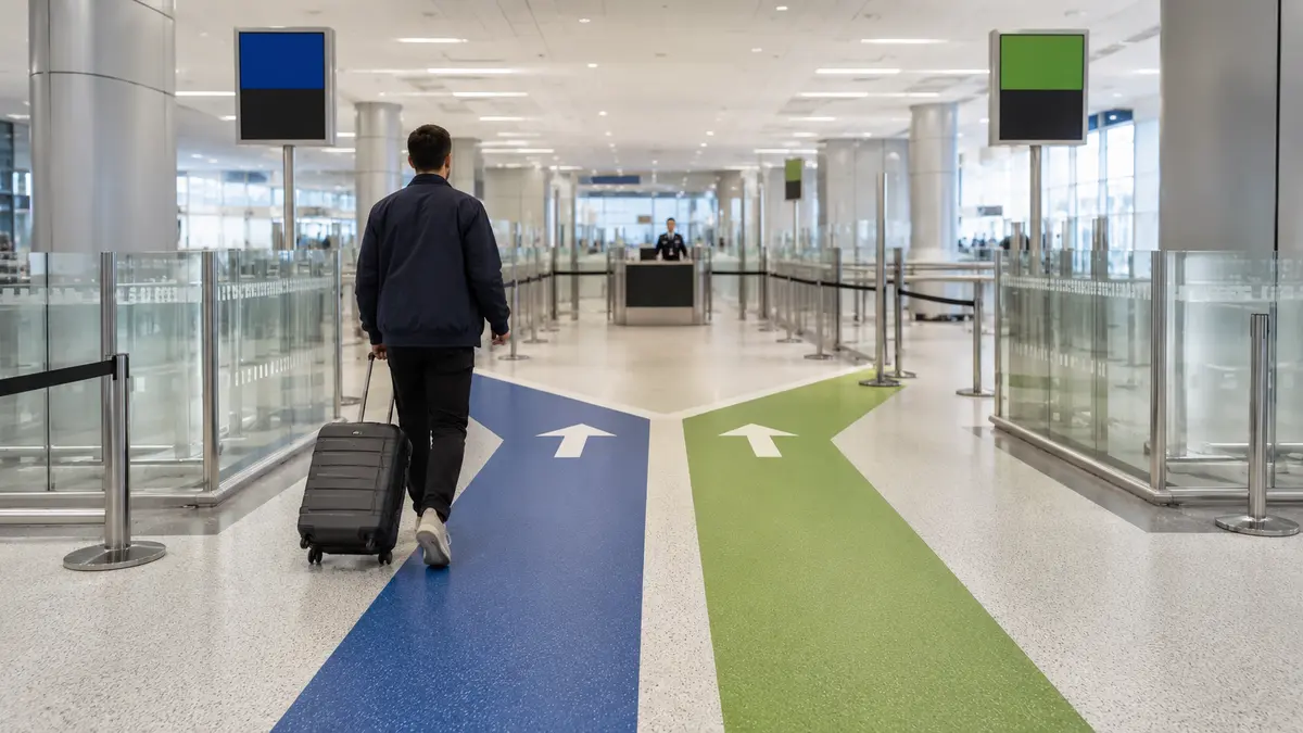 Traveller approaching a lane choice near the customs exit with luggage