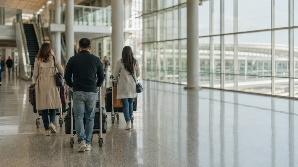 Arriving passengers with luggage carts walking through a bright international arrivals corridor at Toronto Pearson Airport