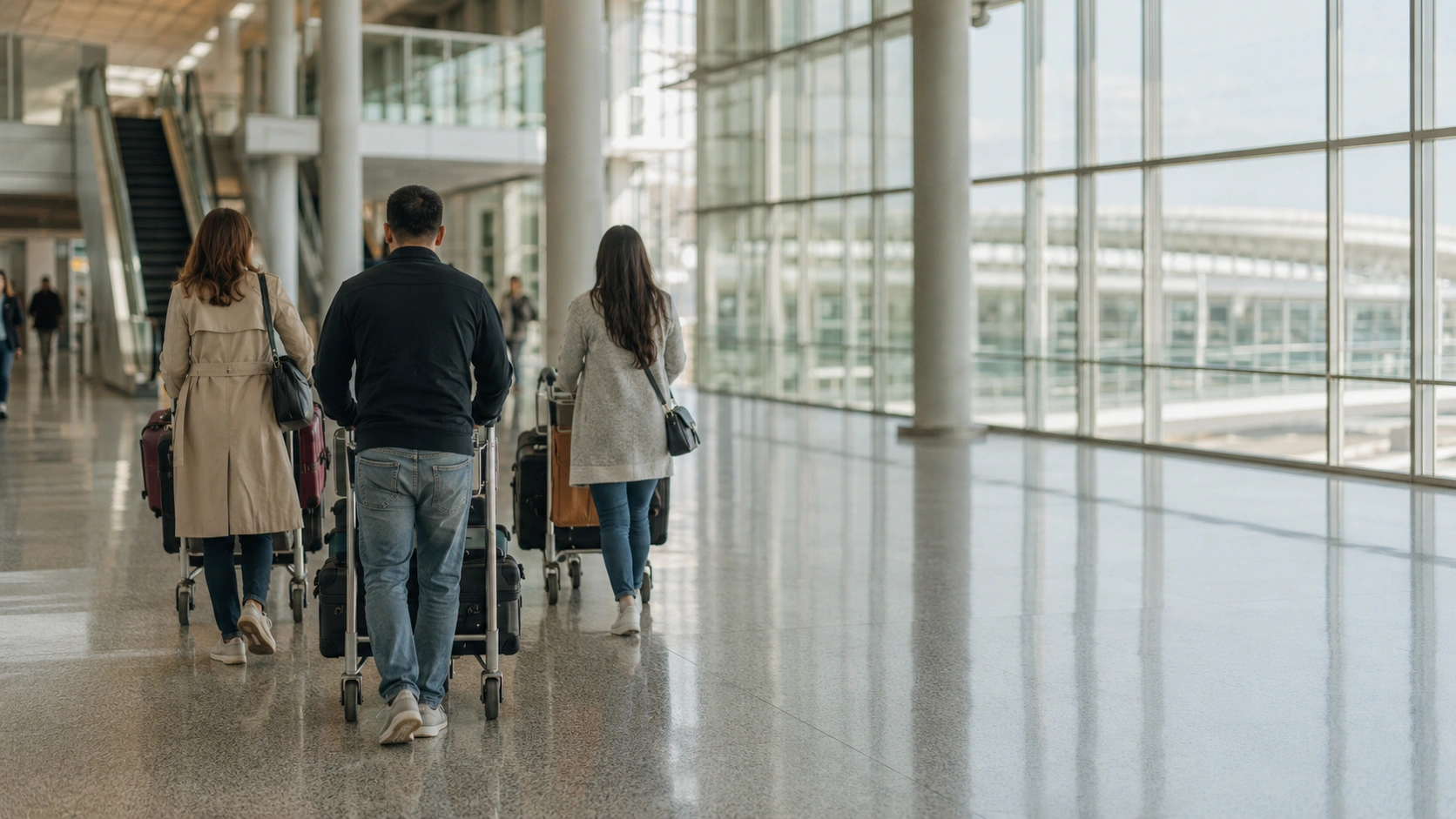 Arriving passengers with luggage carts walking through a bright international arrivals corridor at Toronto Pearson Airport