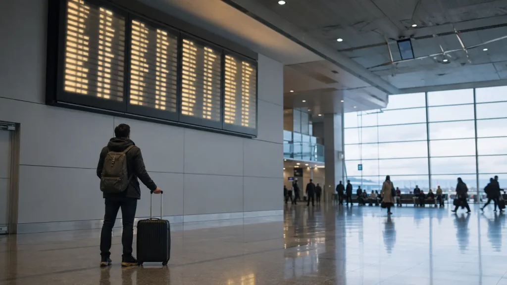 Traveller looking up at a large departures information board in a terminal, the moment of finding a flight delayed at Pearson