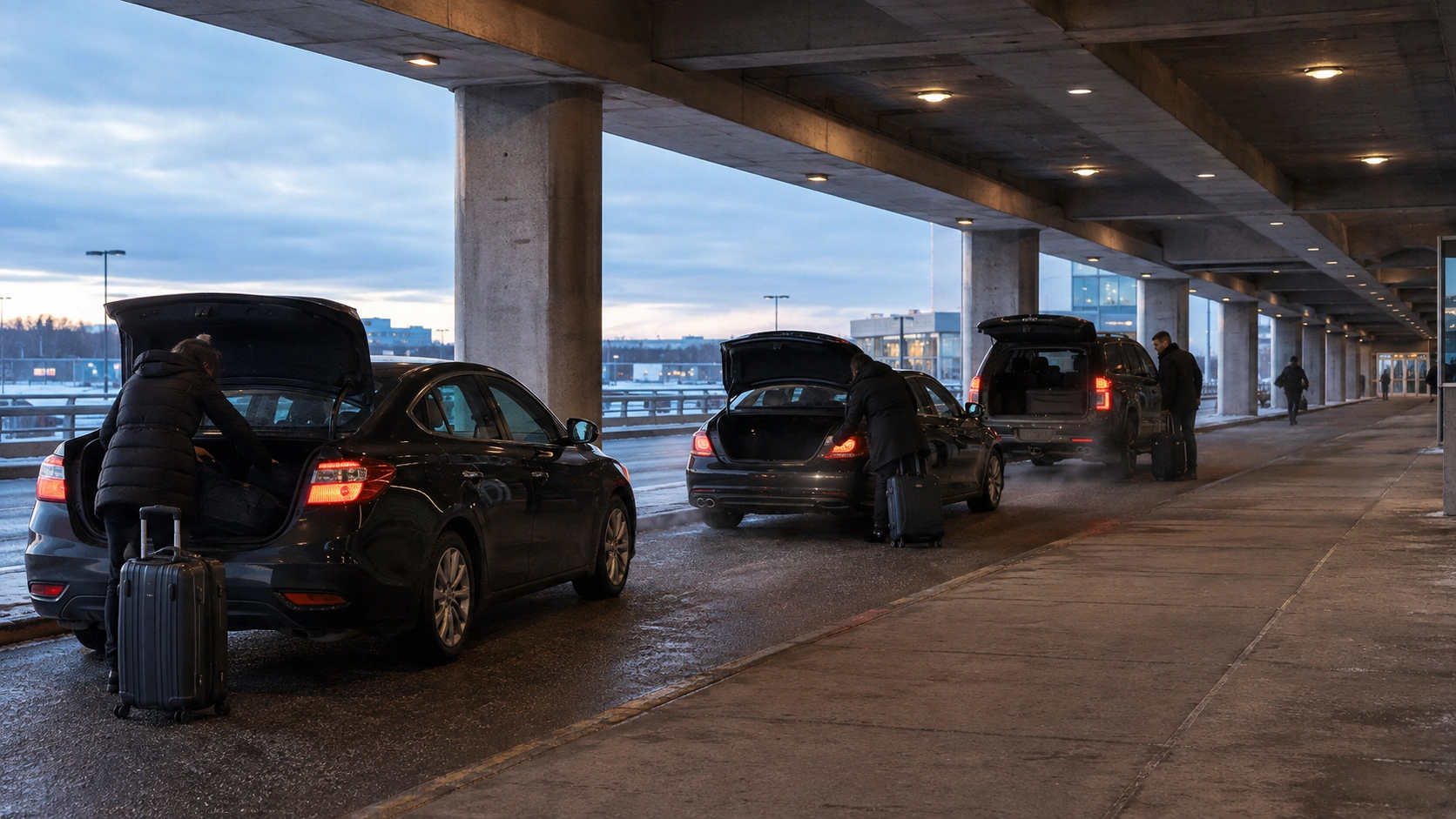 Vehicles and travellers unloading luggage at a covered airport departures curb in cold morning light