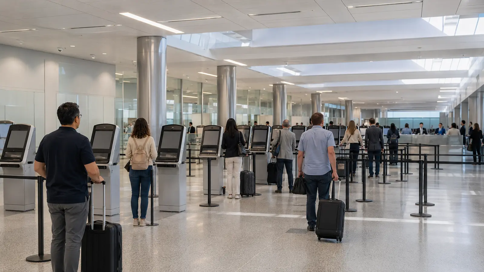 Travellers approaching self-service border kiosks in the international arrivals hall at Toronto Pearson