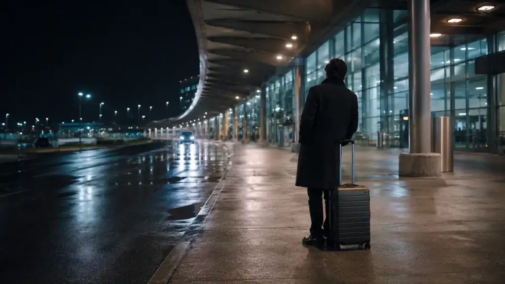 Traveller with luggage waiting for late night transportation from Pearson Airport at the Terminal 1 arrivals curb