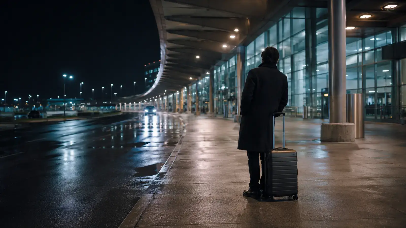 Traveller with luggage waiting for late night transportation from Pearson Airport at the Terminal 1 arrivals curb