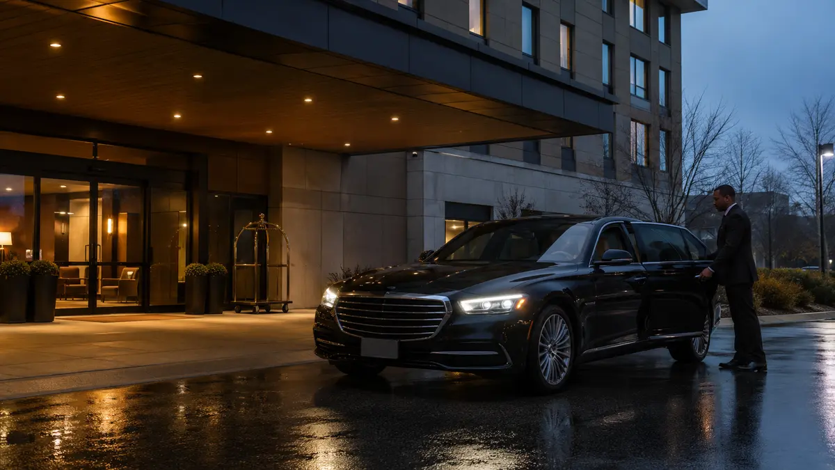 Chauffeur closing the door of a dark sedan at an airport hotel entrance at dusk after rain