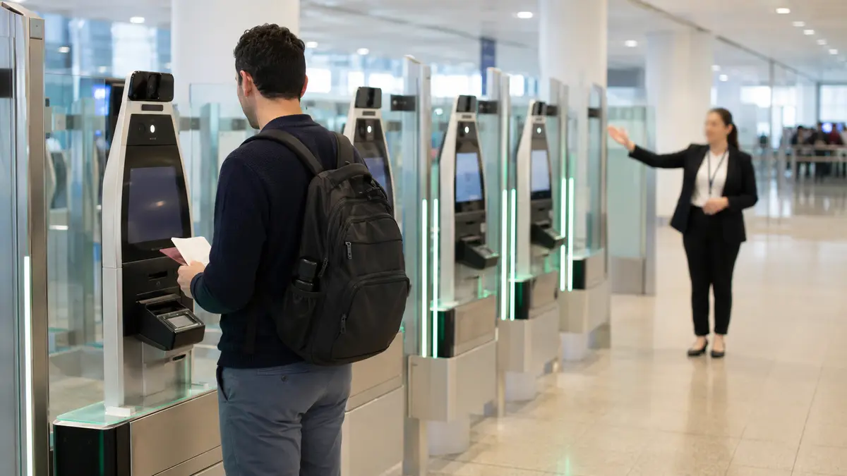 Traveller using a self-service immigration kiosk with a passport in hand
