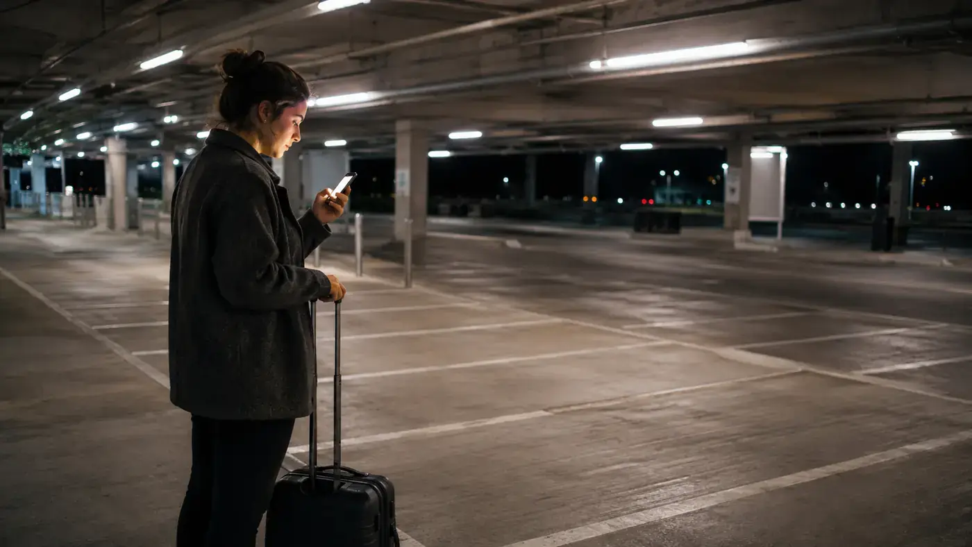 Traveller checking a phone while standing in a numbered vehicle pickup bay at an airport ground level at night