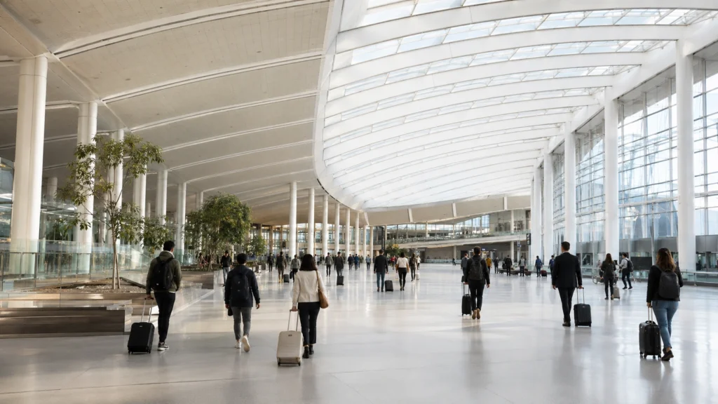 Travellers with carry-on bags spread across a bright departures hall at Toronto Pearson Terminal 1