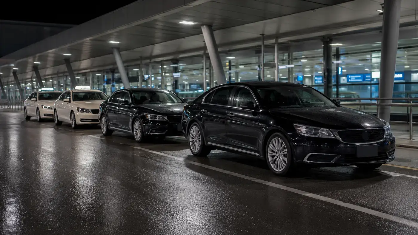 Line of licensed taxis and black sedans waiting at an airport arrivals level stand after dark
