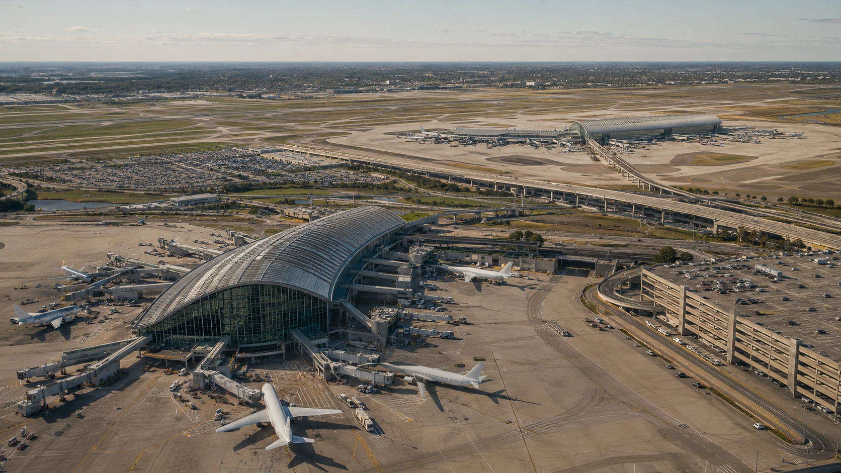 Aerial view of Toronto Pearson Terminal 1 vs Terminal 3 layout at YYZ airport