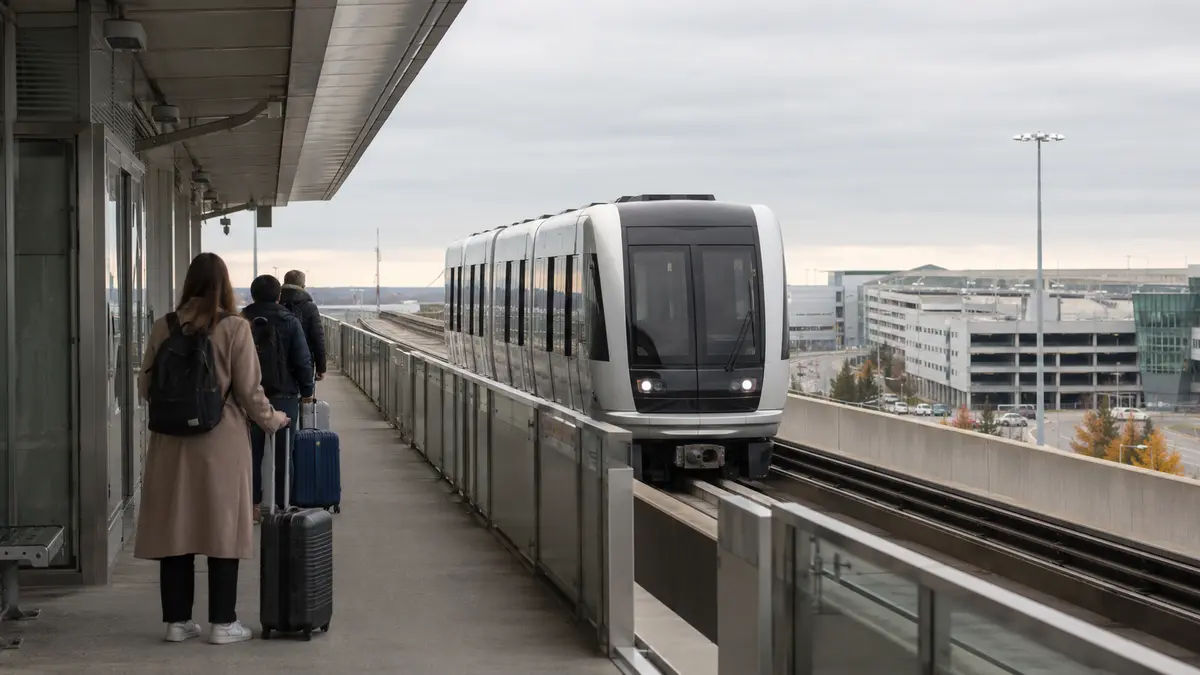 Automated Terminal Link train arriving at an elevated station platform between Toronto Pearson terminals