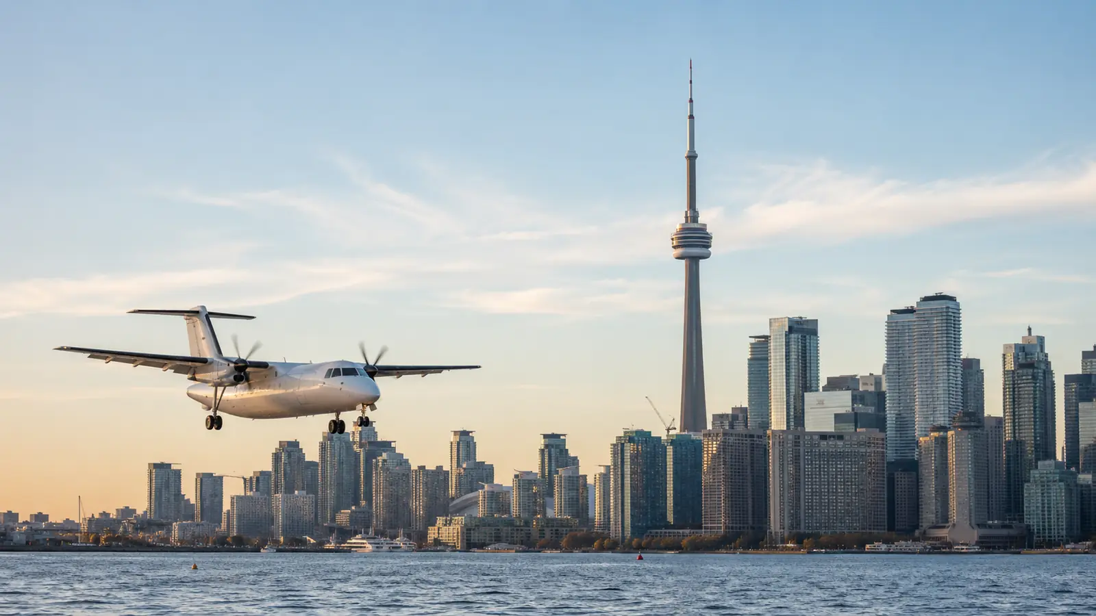 Turboprop aircraft on approach over Toronto harbour with the downtown skyline behind, illustrating the Pearson vs Billy Bishop airport choice