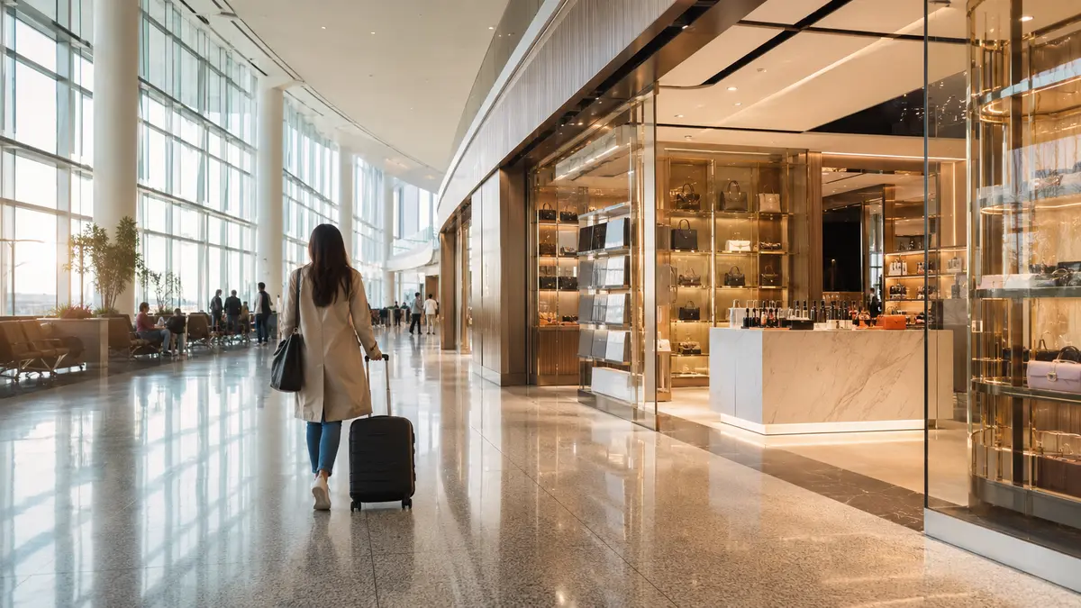Traveller walking through a departure lounge past retail storefronts after clearing preclearance