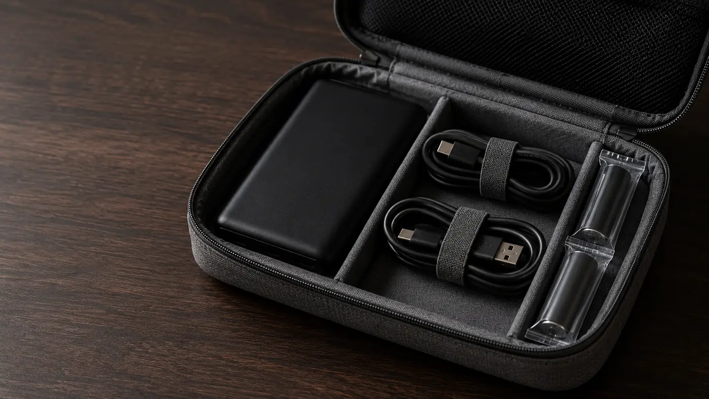 Power bank, charging cables and spare batteries arranged in a small fabric pouch on a dark surface