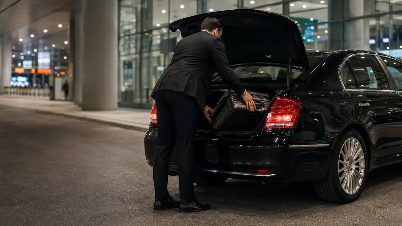 Chauffeur in a dark suit placing a suitcase into the boot of a black sedan outside an airport terminal at night