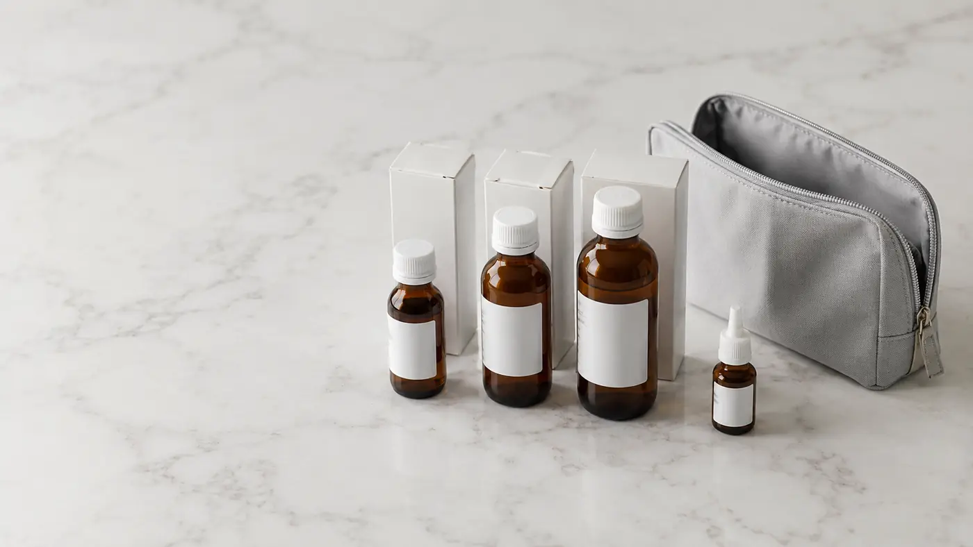 Bottles of liquid medication and an eye drop container arranged in original packaging beside a small travel pouch