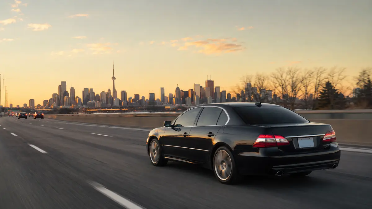 Black sedan on a highway with the downtown Toronto skyline in the distance