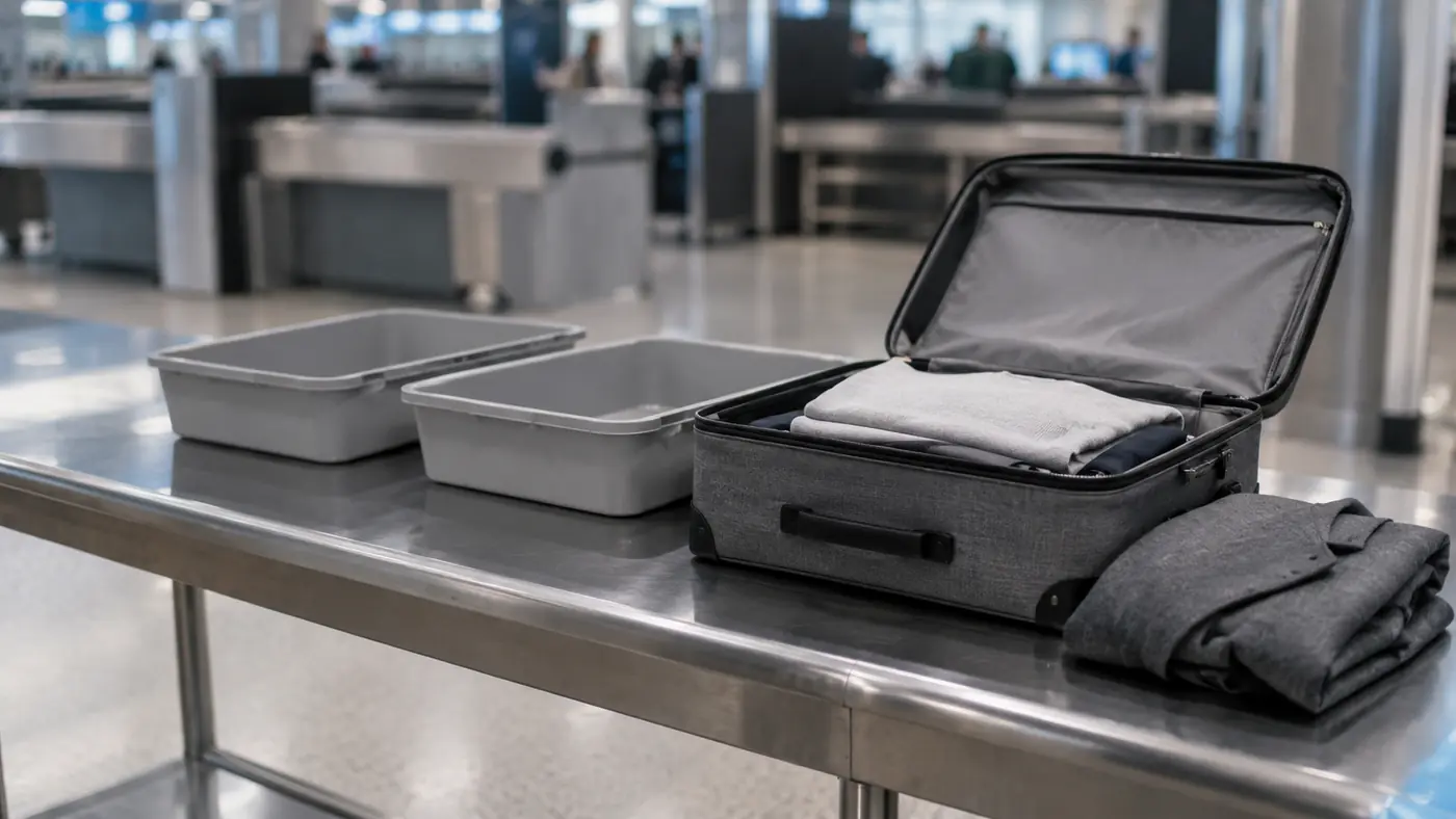 Long stainless steel table beyond a checkpoint with grey bins and an open carry-on bag