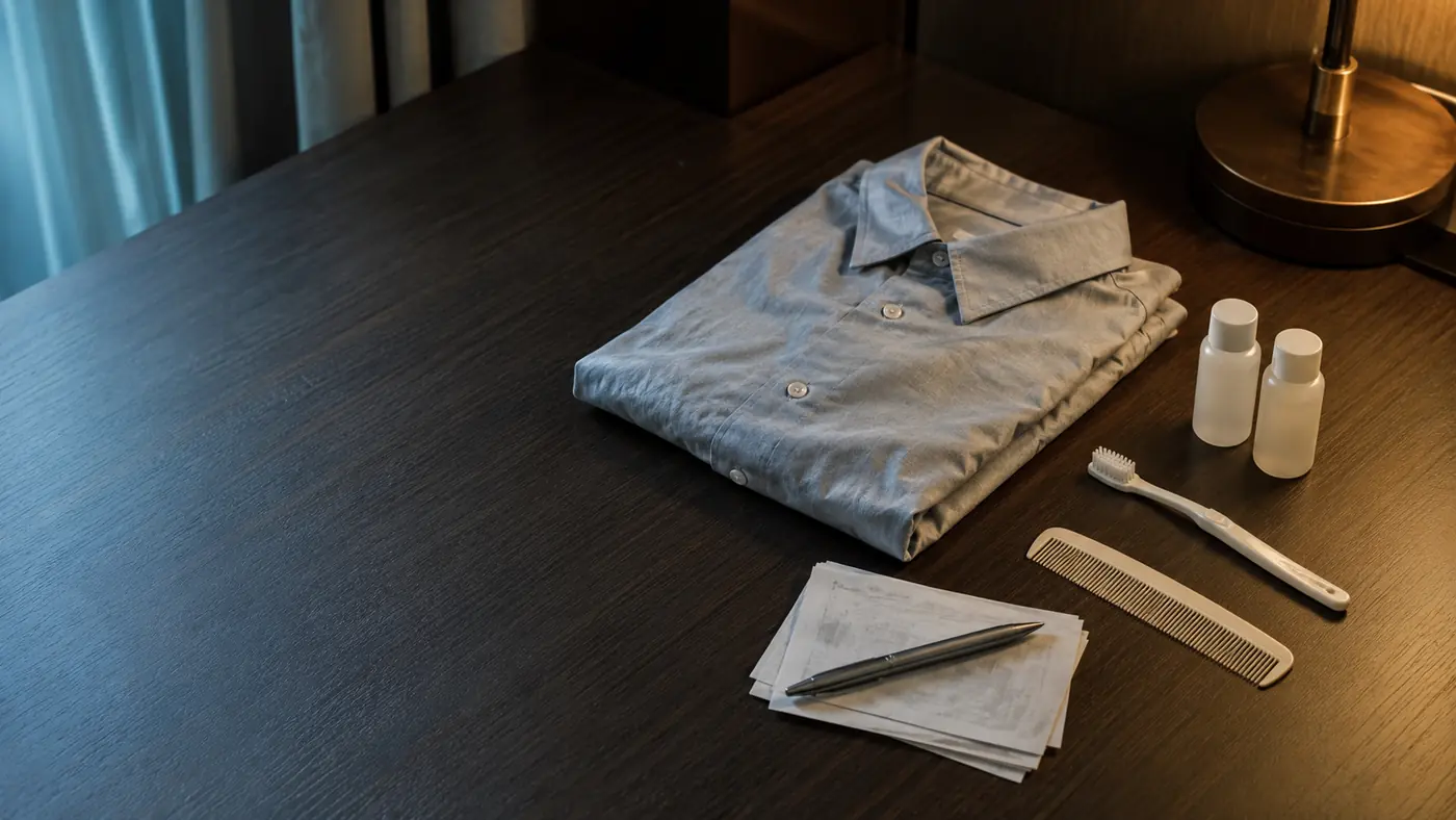 Newly purchased toiletries, a folded shirt and a small stack of paper receipts on a hotel room desk