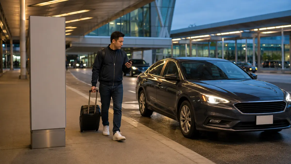 Traveller checking a phone near a car at a rideshare pickup zone