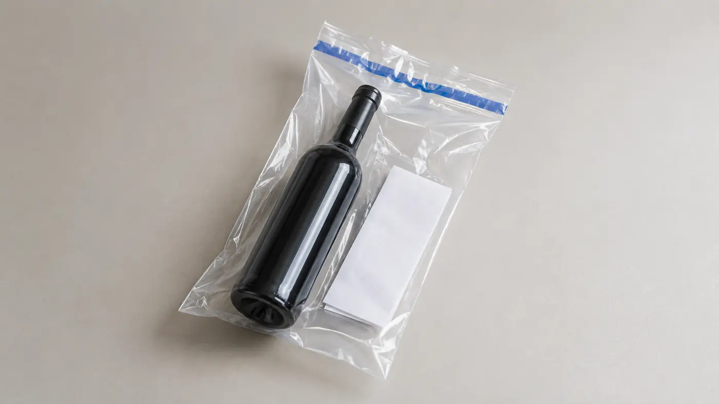 Sealed transparent plastic bag containing a dark glass bottle and a folded paper receipt