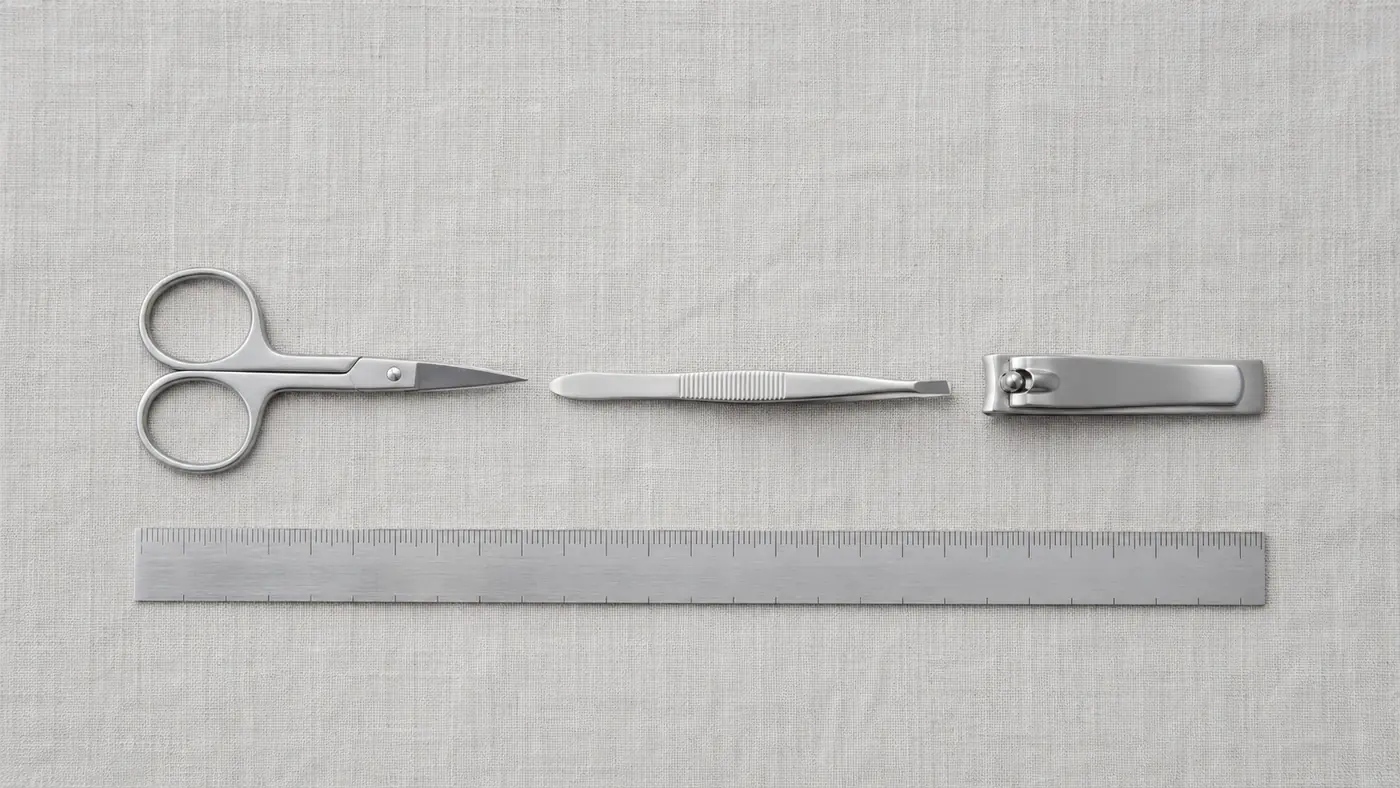 Small scissors, tweezers and nail clippers laid out next to a metal ruler on a light surface