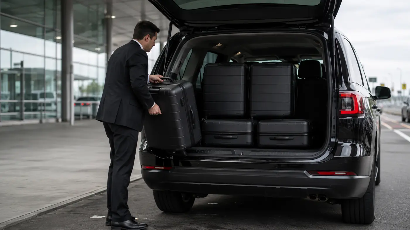Open boot of a black SUV at an airport arrivals curb with four large suitcases being loaded inside