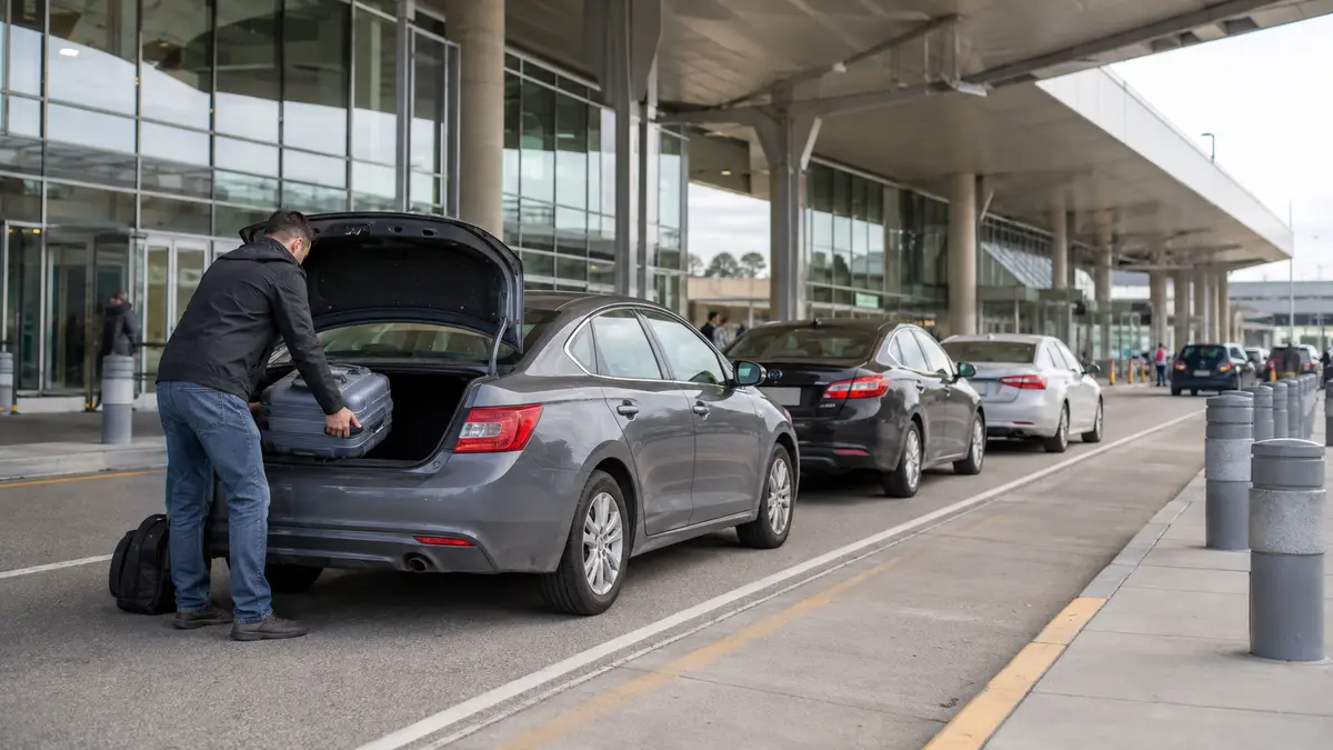 Traveller loading a suitcase into a taxi at an airport curb