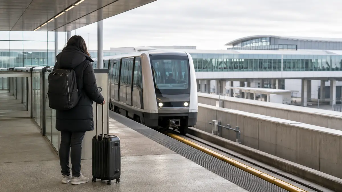 Automated people-mover train arriving at a covered airport platform with a waiting traveller