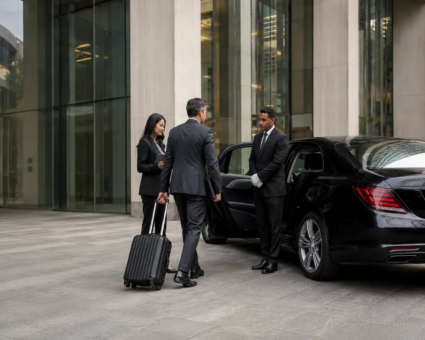 Chauffeur opening an executive sedan door for a business traveller in Toronto's Financial District