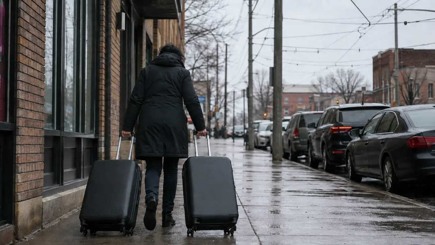 Person wheeling two large suitcases along a wet city sidewalk past low-rise shopfronts on a grey day