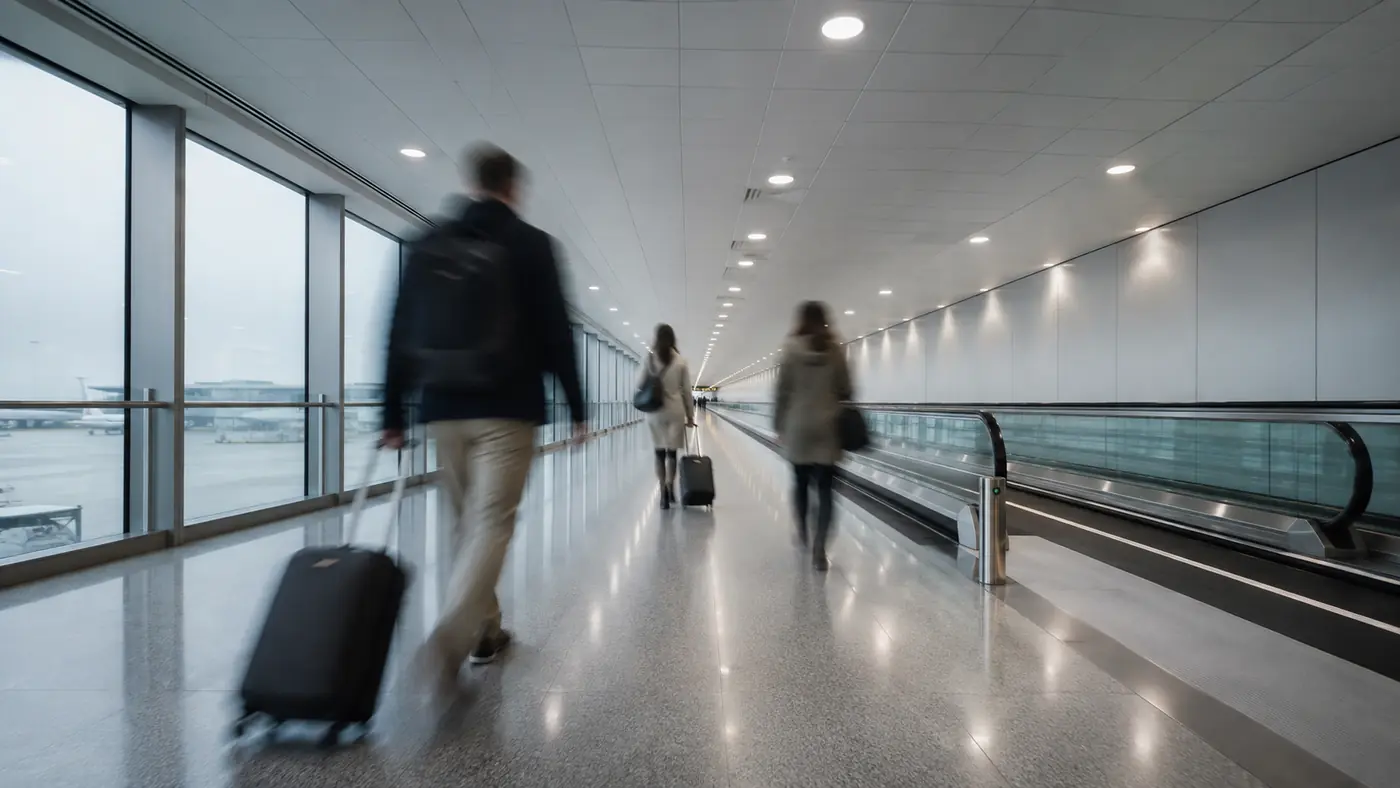 Travellers with hand luggage walking quickly along a long airport transfer corridor