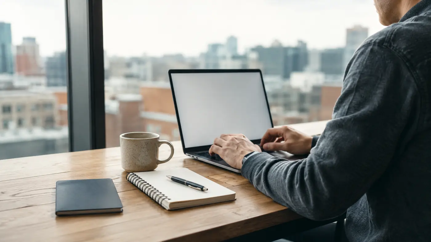 Person at a desk by a window comparing travel options on a laptop with a passport and notebook beside them