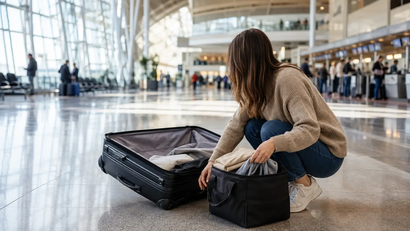 Traveller crouched beside an open suitcase moving items between bags in a bright airport check-in hall